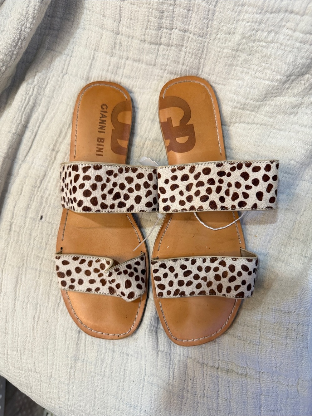 Gianni Bini White and Brown Spotted Double-Strap Slide Sandals